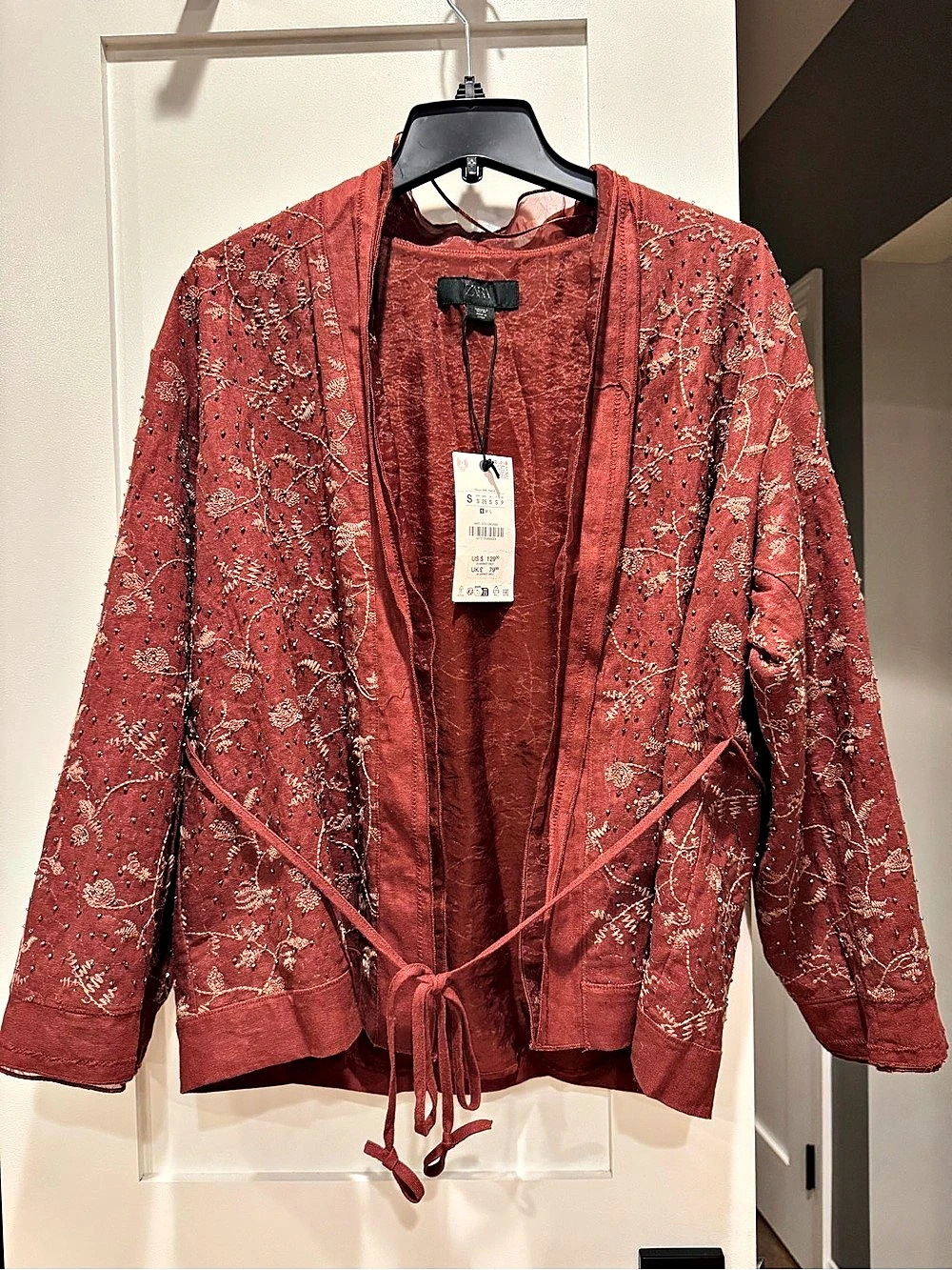 Zara ZW Collection Embroidered Linen Kimono Floral Embroidered Jacket NWT